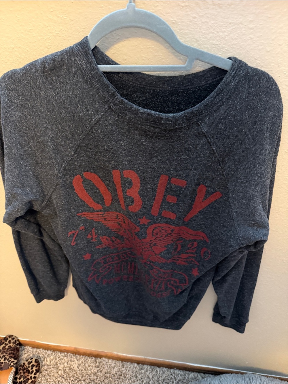 (#25)Obey Charcoal Crewneck Sweatshirt with Red Eagle Graphic